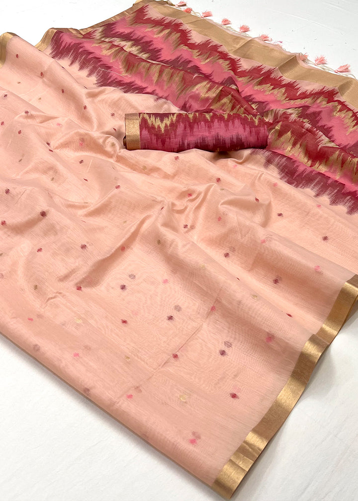 Light Peach Pink Linen Silk Saree with Intricate Handloom Craftsmanship