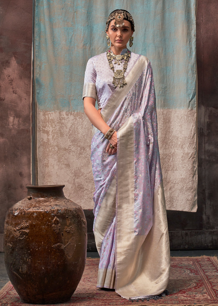 Ube Purple Satin Silk Saree with Exquisite Handloom Floral Patterns