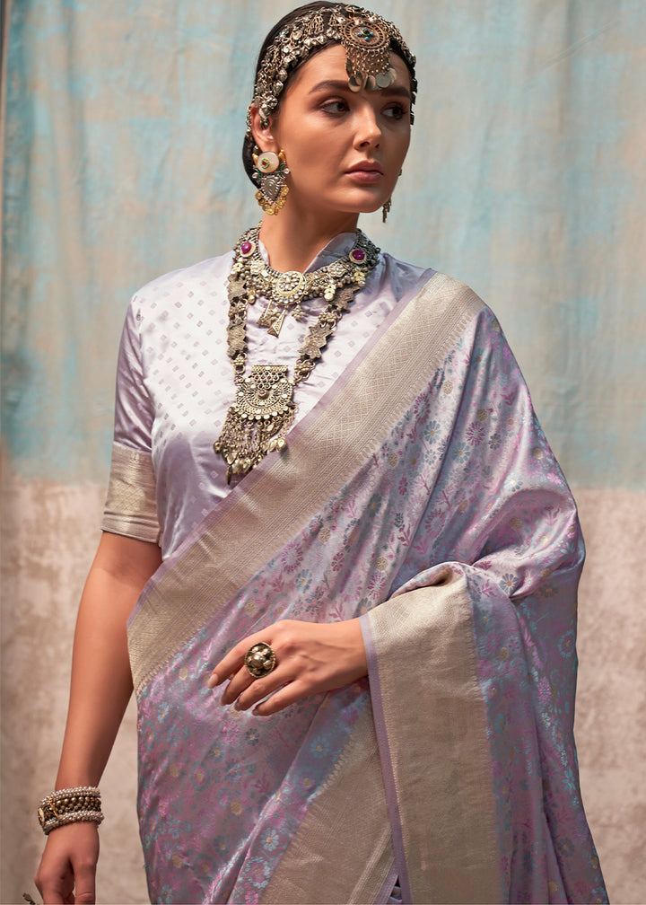 Ube Purple Satin Silk Saree with Exquisite Handloom Floral Patterns