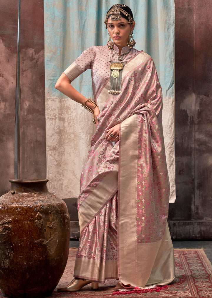 Light shades of Purple & Pink Satin Silk Saree with Exquisite Handloom Floral Patterns