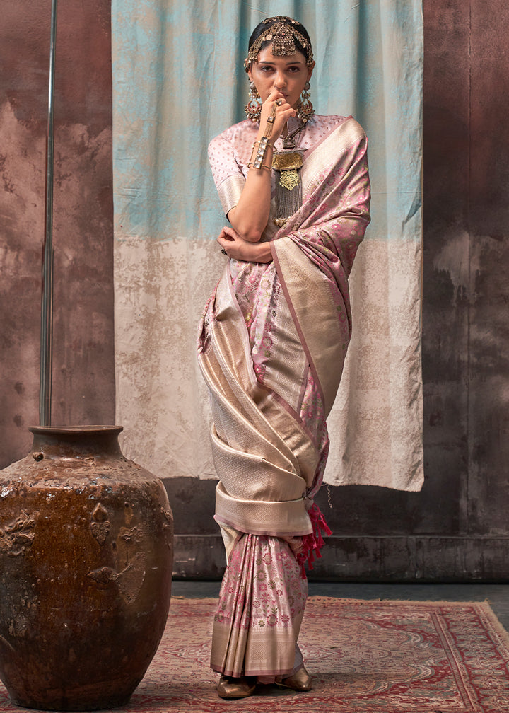 Light shades of Purple & Pink Satin Silk Saree with Exquisite Handloom Floral Patterns