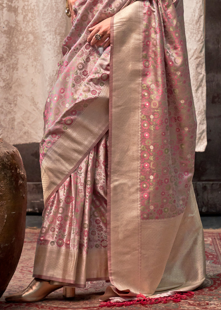 Light shades of Purple & Pink Satin Silk Saree with Exquisite Handloom Floral Patterns