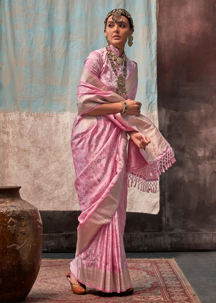 Taffy Pink Satin Silk Saree with Exquisite Handloom Floral Patterns