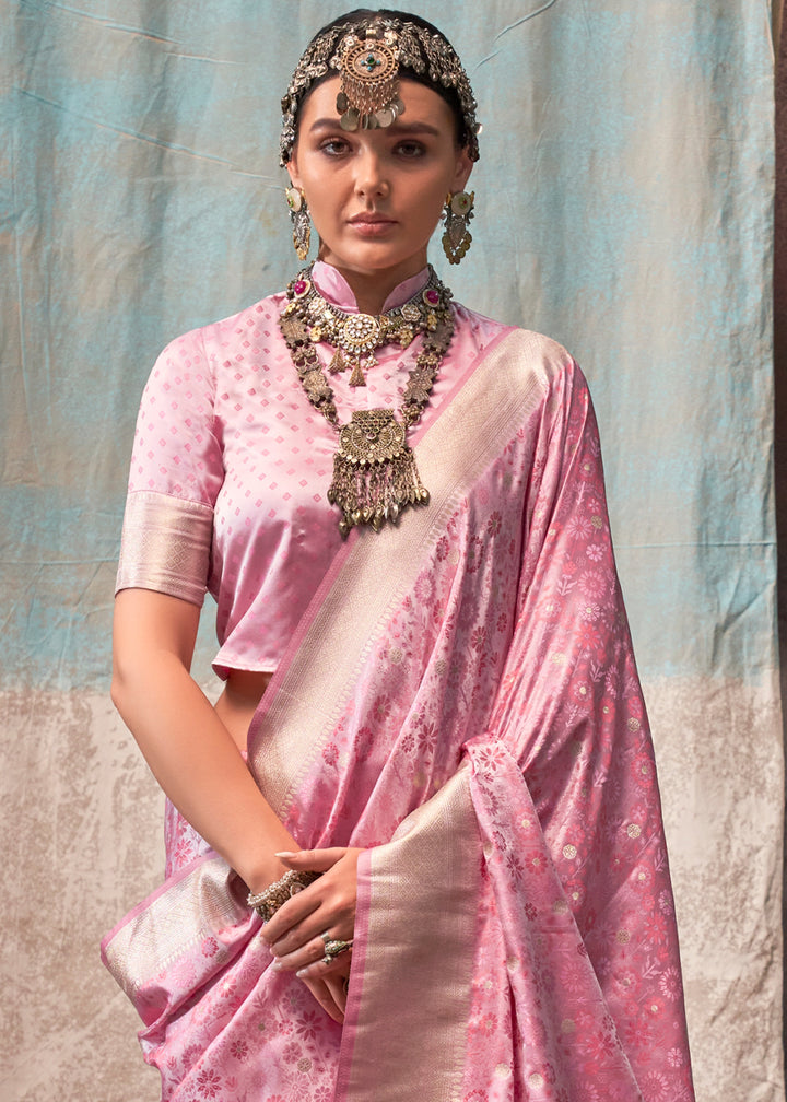 Taffy Pink Satin Silk Saree with Exquisite Handloom Floral Patterns