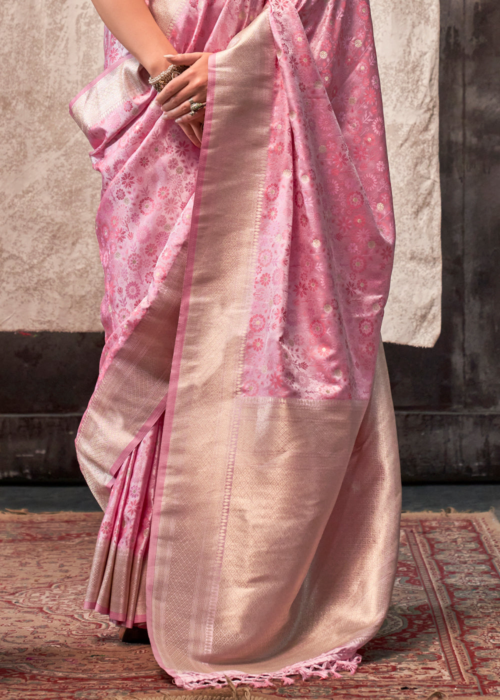 Taffy Pink Satin Silk Saree with Exquisite Handloom Floral Patterns