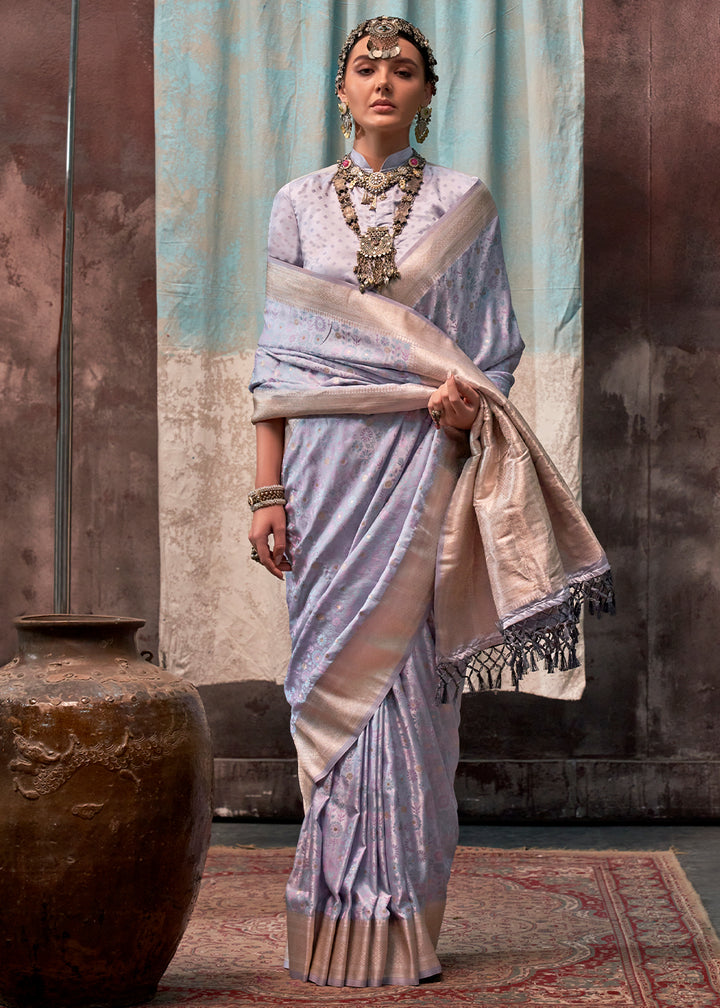 Cool Blue Satin Silk Saree with Exquisite Handloom Floral Patterns
