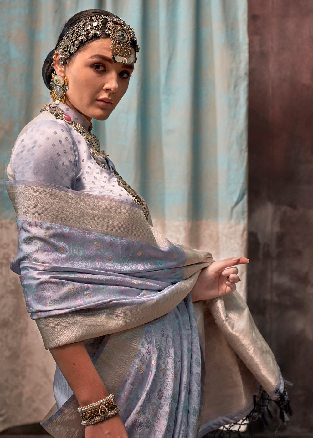 Cool Blue Satin Silk Saree with Exquisite Handloom Floral Patterns