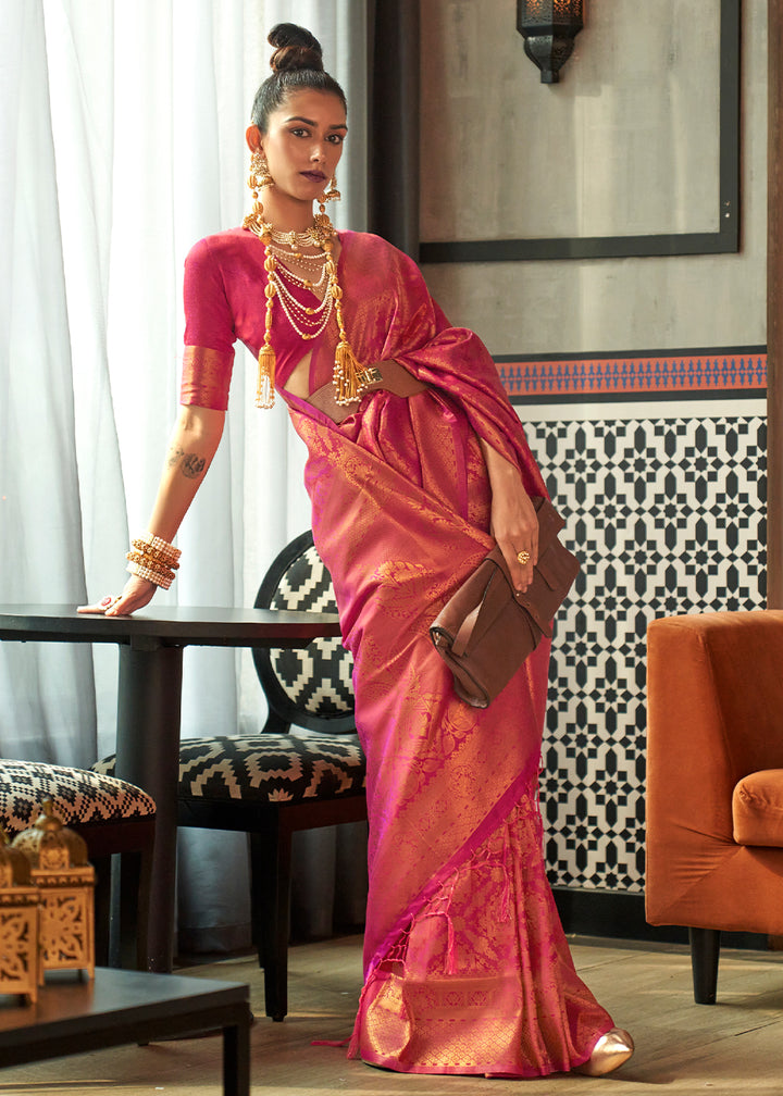 Hot Pink Dual Tone Kanjivaram Silk Saree Featuring Traditional Handloom Weave