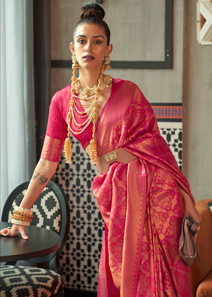 Hot Pink Dual Tone Kanjivaram Silk Saree Featuring Traditional Handloom Weave