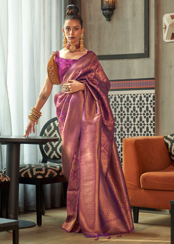 Fandango Purple Dual Tone Kanjivaram Silk Saree Featuring Traditional Handloom Weave