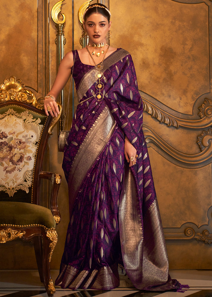 Eggplant Purple Handloom Satin Silk Saree Featuring Buttis All Over