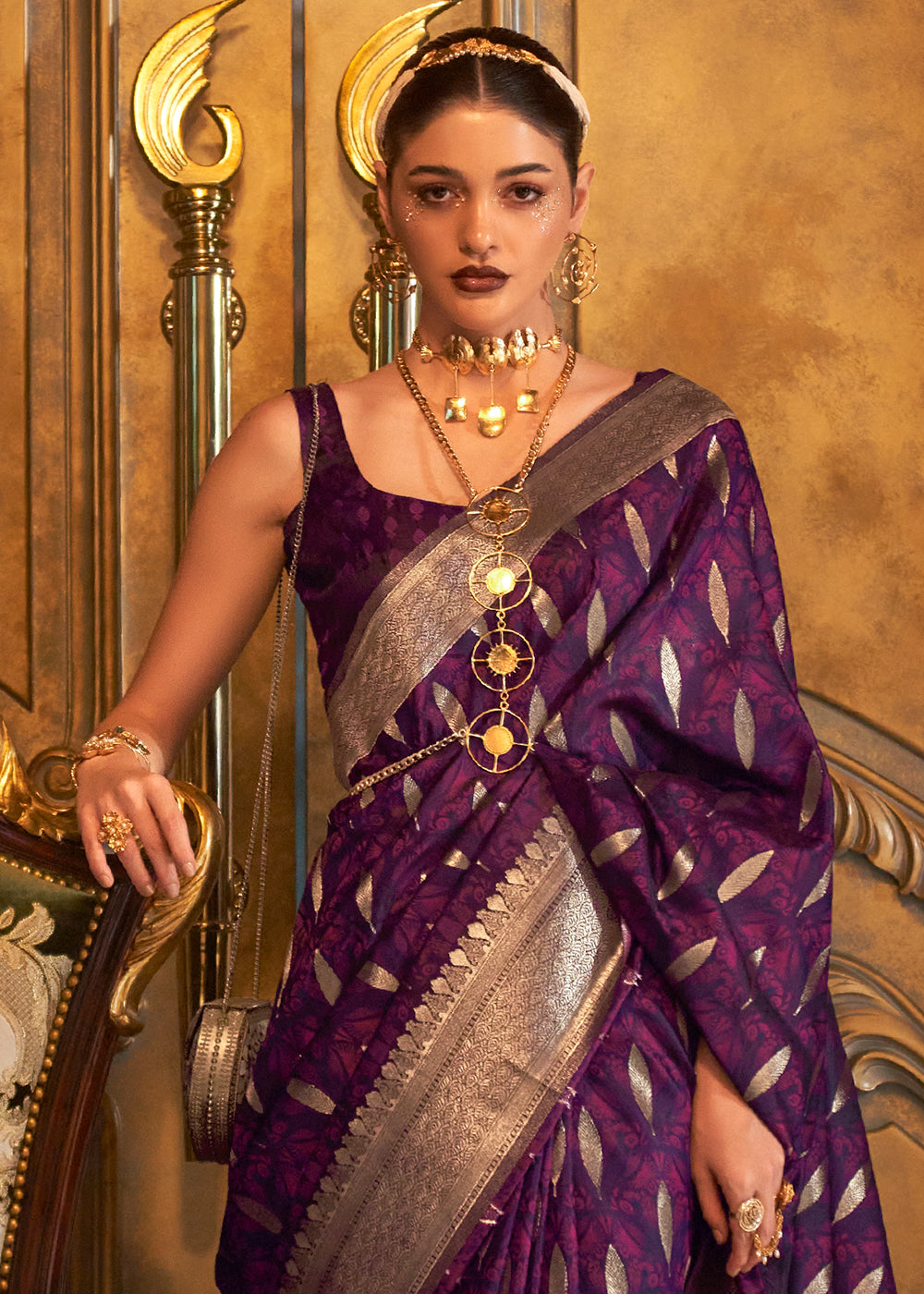 Eggplant Purple Handloom Satin Silk Saree Featuring Buttis All Over