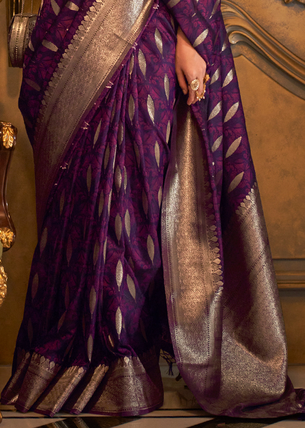 Eggplant Purple Handloom Satin Silk Saree Featuring Buttis All Over