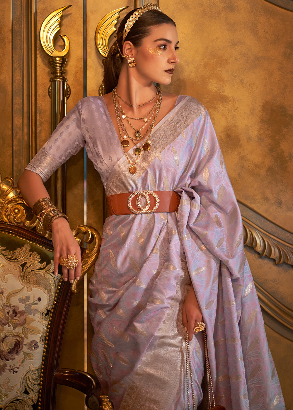 Pale Purple Handloom Satin Silk Saree Featuring Buttis All Over