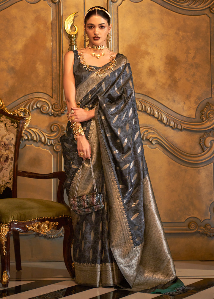 Charcoal Black Handloom Satin Silk Saree Featuring Buttis All Over