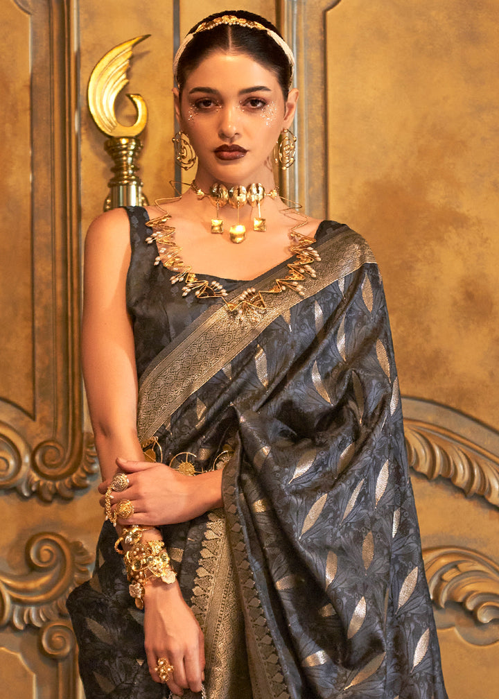 Charcoal Black Handloom Satin Silk Saree Featuring Buttis All Over