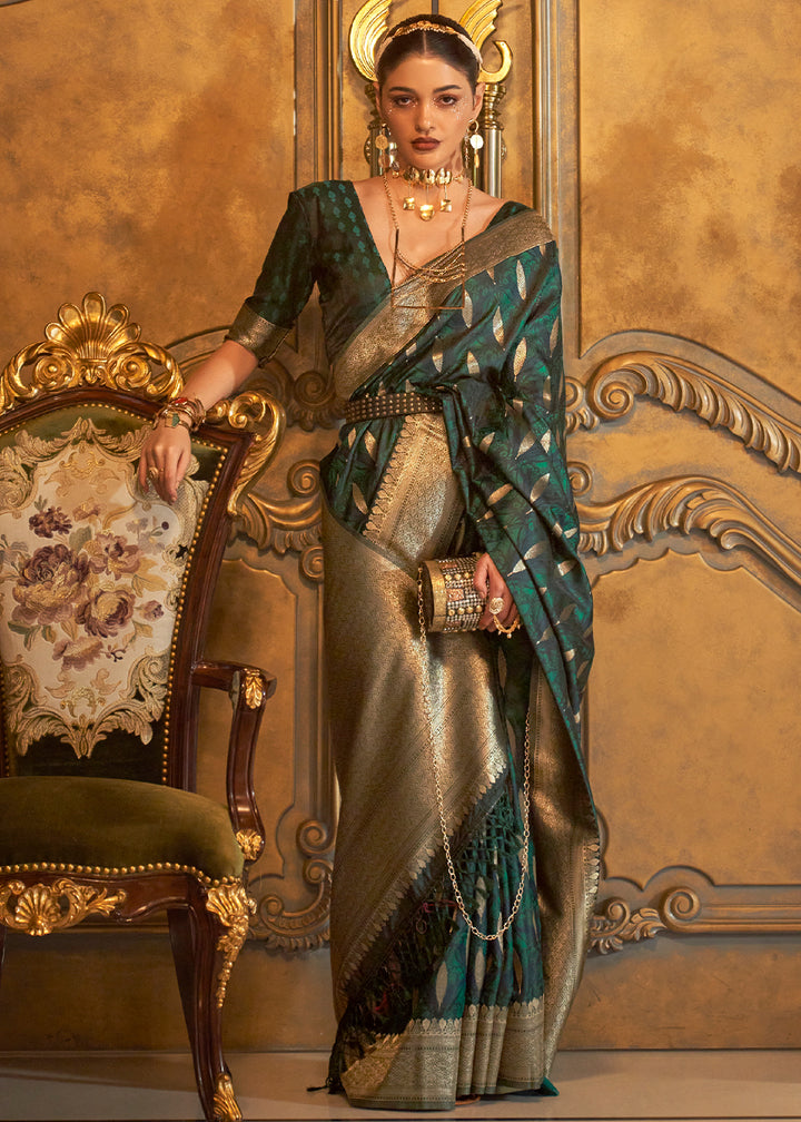 Turtle Green Handloom Satin Silk Saree Featuring Buttis All Over