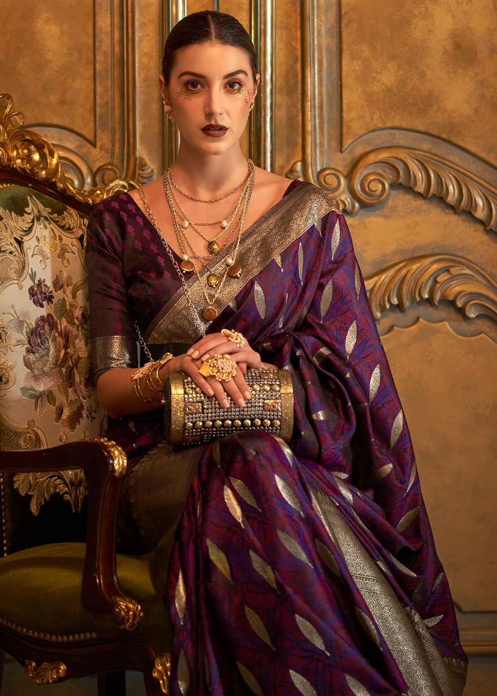 Grape Purple Handloom Satin Silk Saree Featuring Buttis All Over