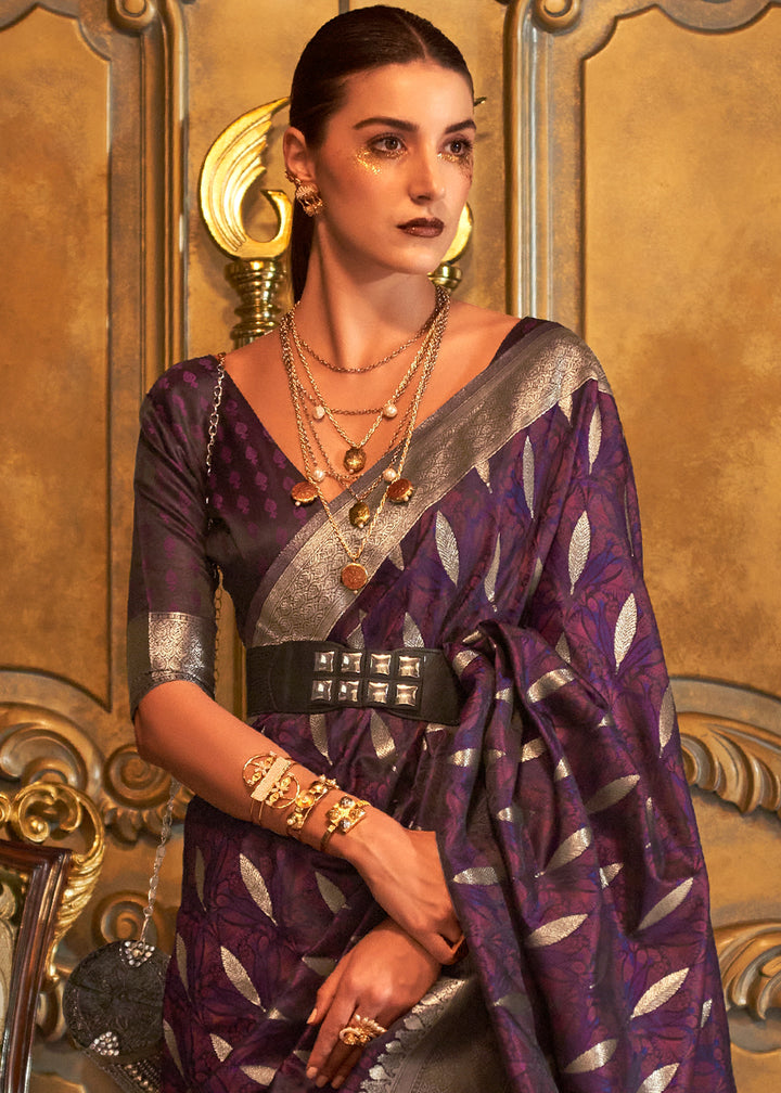 Grape Purple Handloom Satin Silk Saree Featuring Buttis All Over