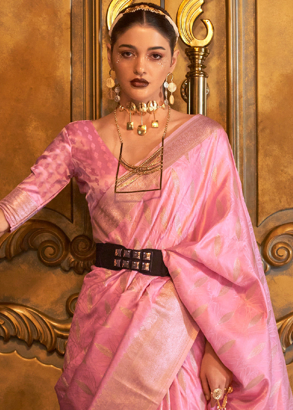 Neon Pink Handloom Satin Silk Saree Featuring Buttis All Over