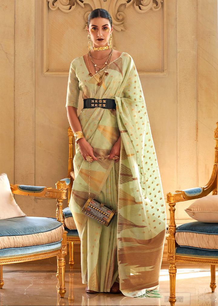 Tea Green Zari Tissue Silk Saree Handcrafted to Perfection