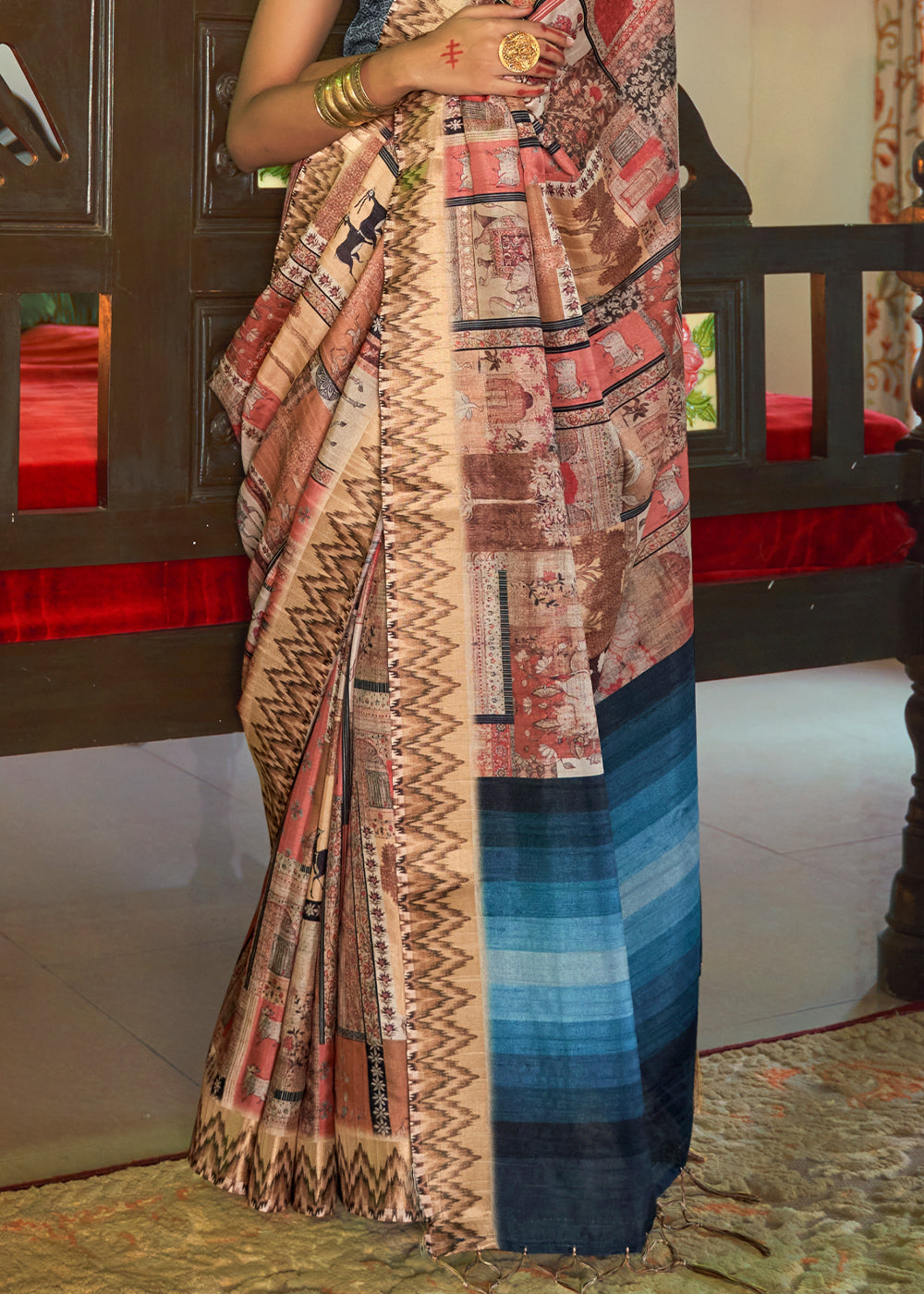 Shades Of Blue & Brown Designer Silk Saree