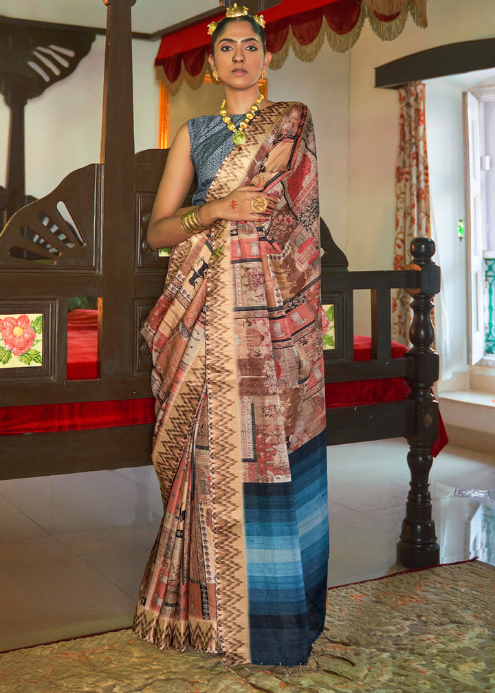 Shades Of Blue & Brown Designer Silk Saree