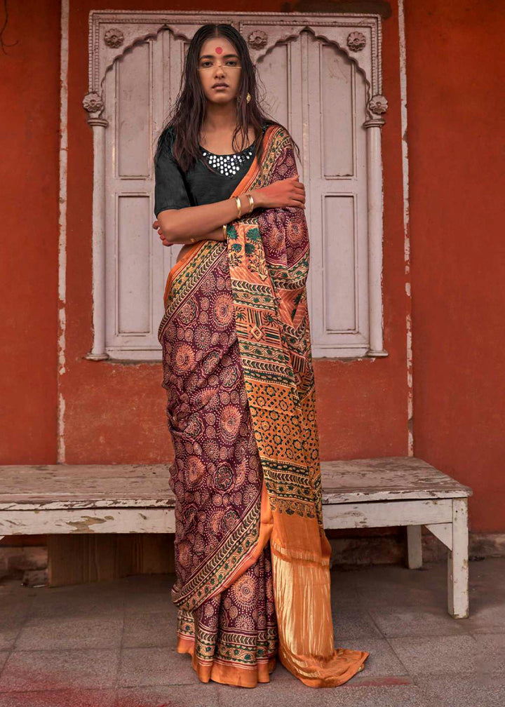 Purple & Orange Viscose Silk Saree with Ajrakh Print and Gajji Lagdi Pallu