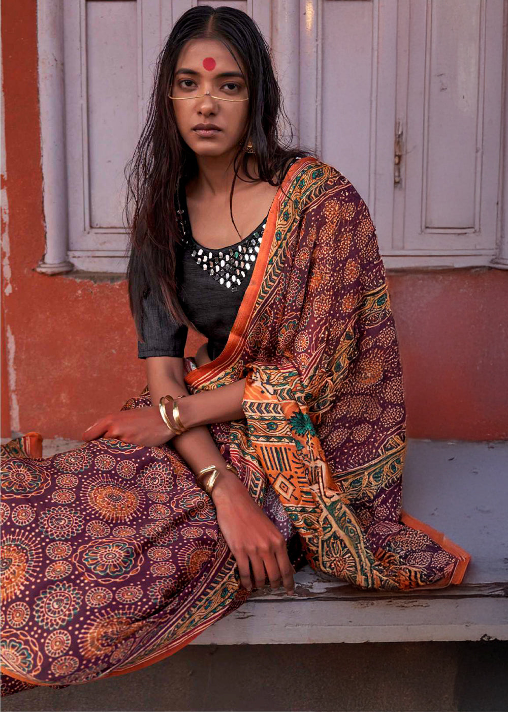 Purple & Orange Viscose Silk Saree with Ajrakh Print and Gajji Lagdi Pallu