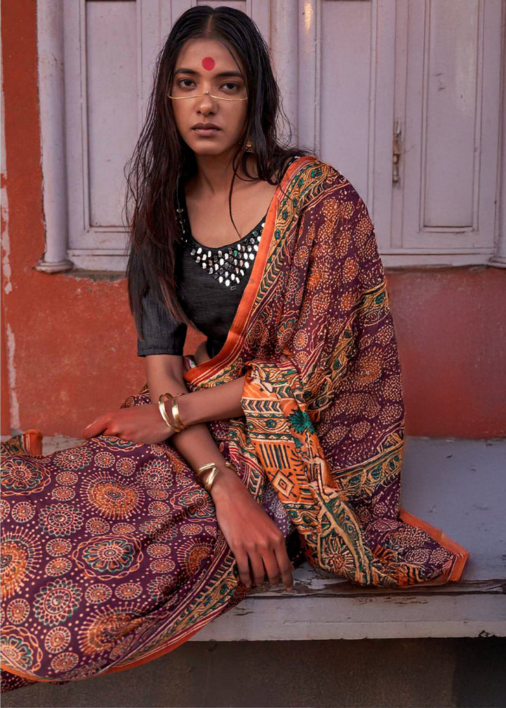 Purple & Orange Viscose Silk Saree with Ajrakh Print and Gajji Lagdi Pallu