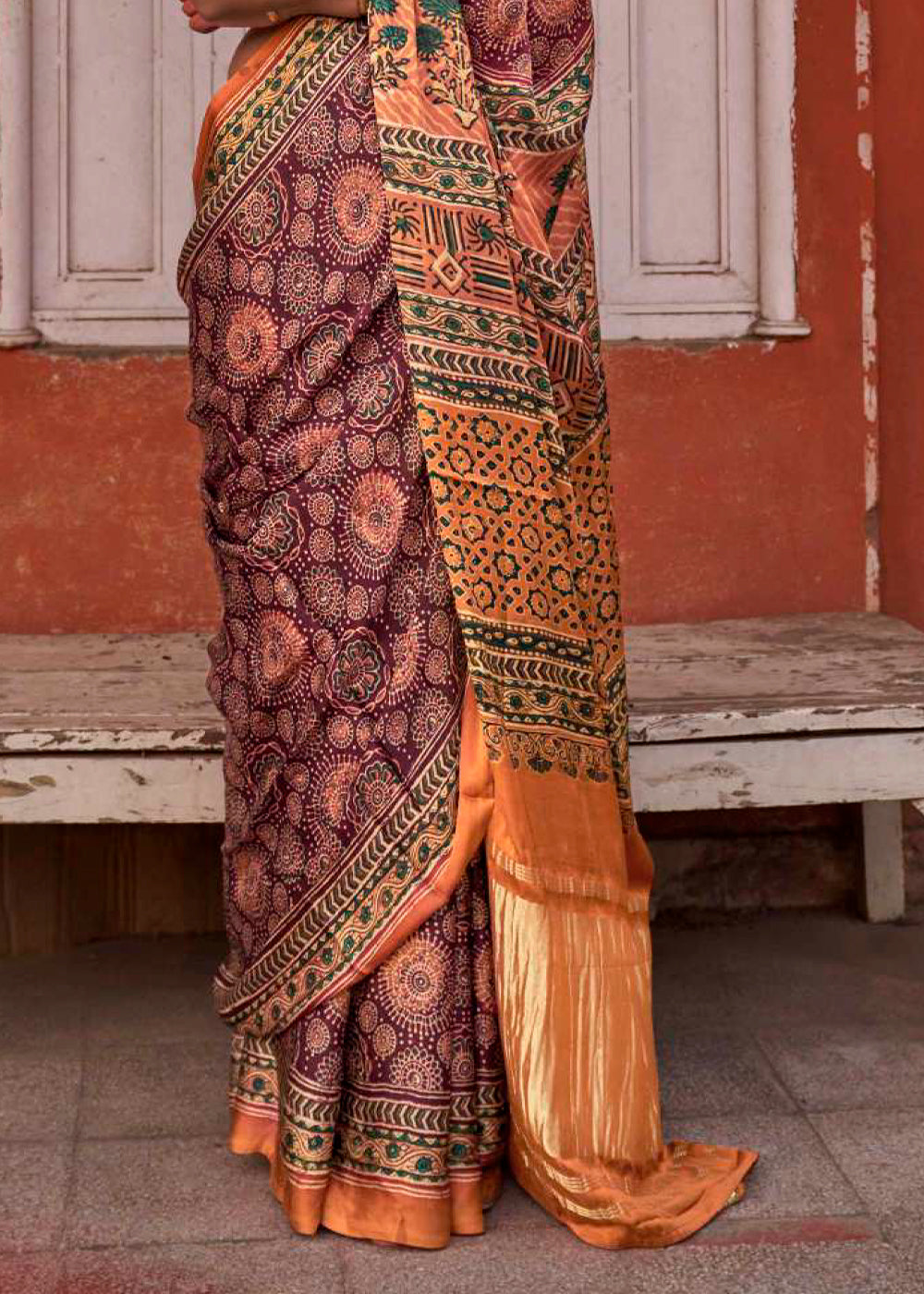 Purple & Orange Viscose Silk Saree with Ajrakh Print and Gajji Lagdi Pallu