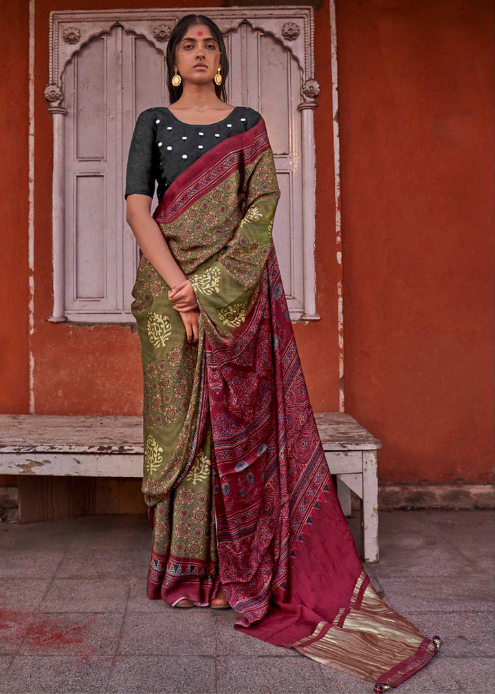 Green & Pink Viscose Silk Saree with Ajrakh Print and Gajji Lagdi Pallu