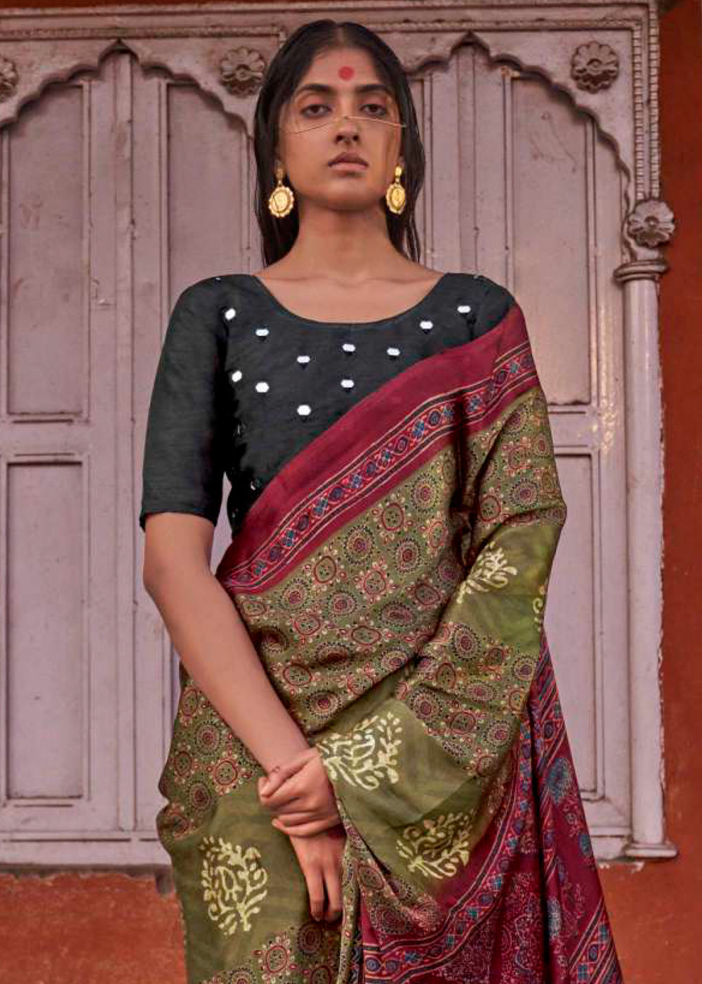 Green & Pink Viscose Silk Saree with Ajrakh Print and Gajji Lagdi Pallu