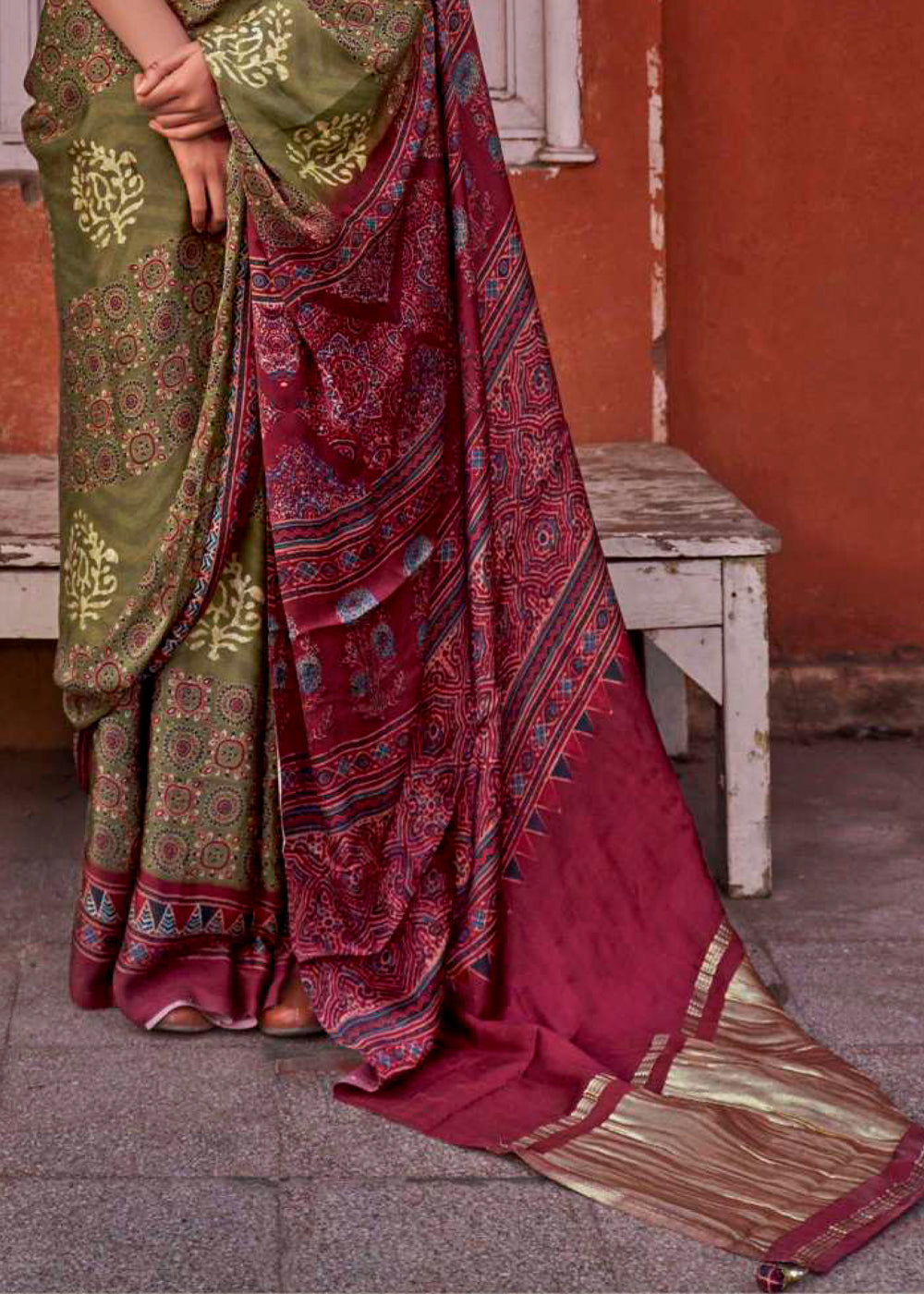 Green & Pink Viscose Silk Saree with Ajrakh Print and Gajji Lagdi Pallu