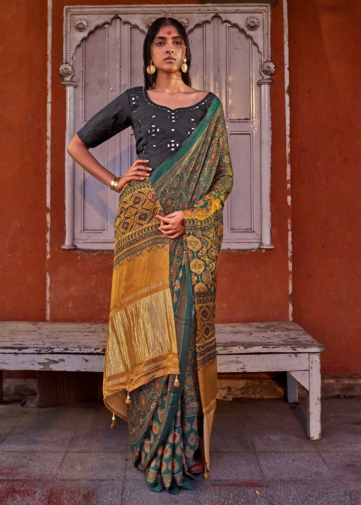 Green & Yellow Viscose Silk Saree with Ajrakh Print and Gajji Lagdi Pallu