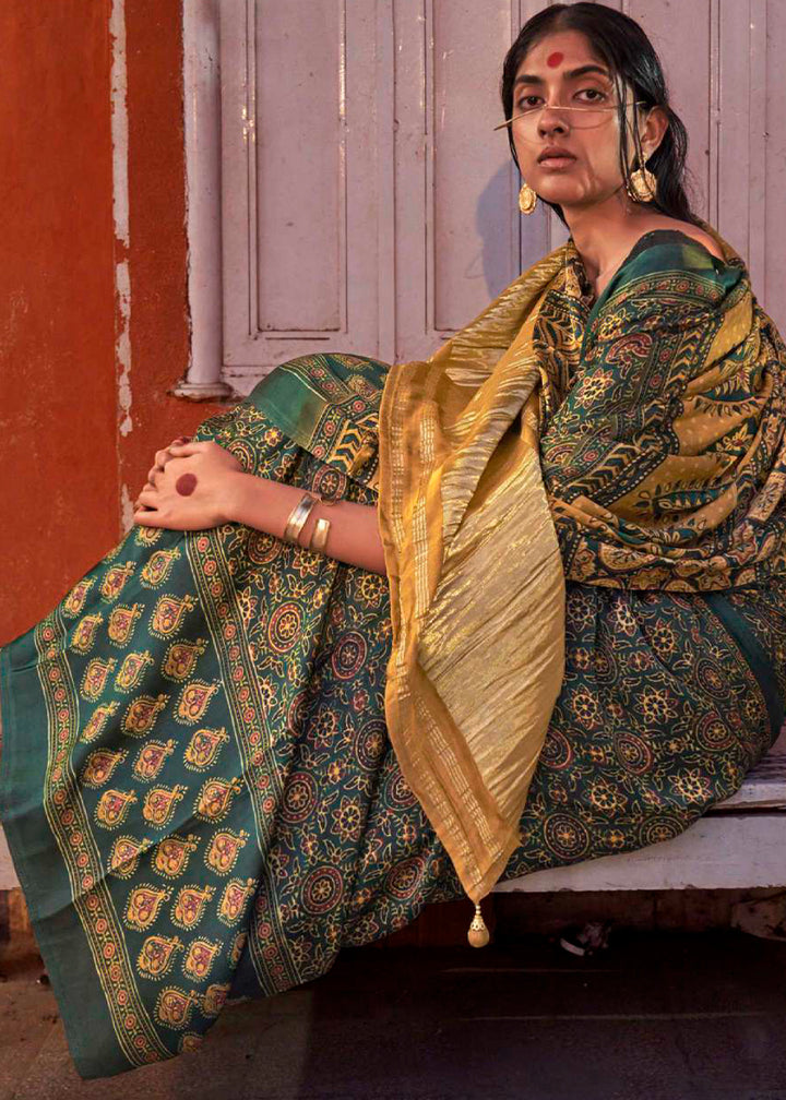 Green & Yellow Viscose Silk Saree with Ajrakh Print and Gajji Lagdi Pallu