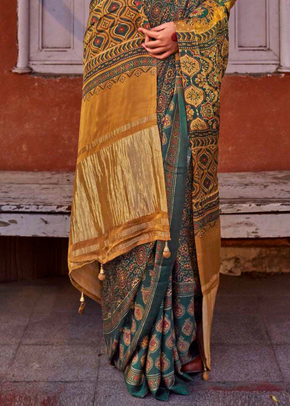 Green & Yellow Viscose Silk Saree with Ajrakh Print and Gajji Lagdi Pallu