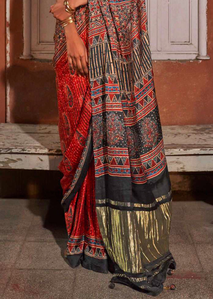 Red & Black Viscose Silk Saree with Ajrakh Print and Gajji Lagdi Pallu