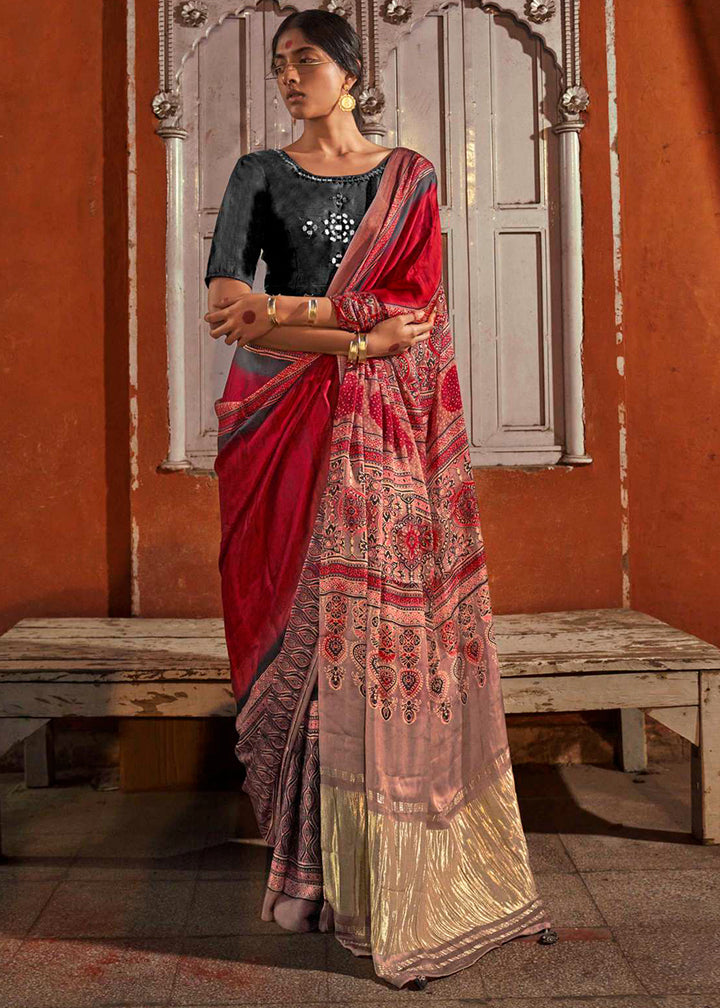 Shades Of Pink Viscose Silk Saree with Ajrakh Print and Gajji Lagdi Pallu