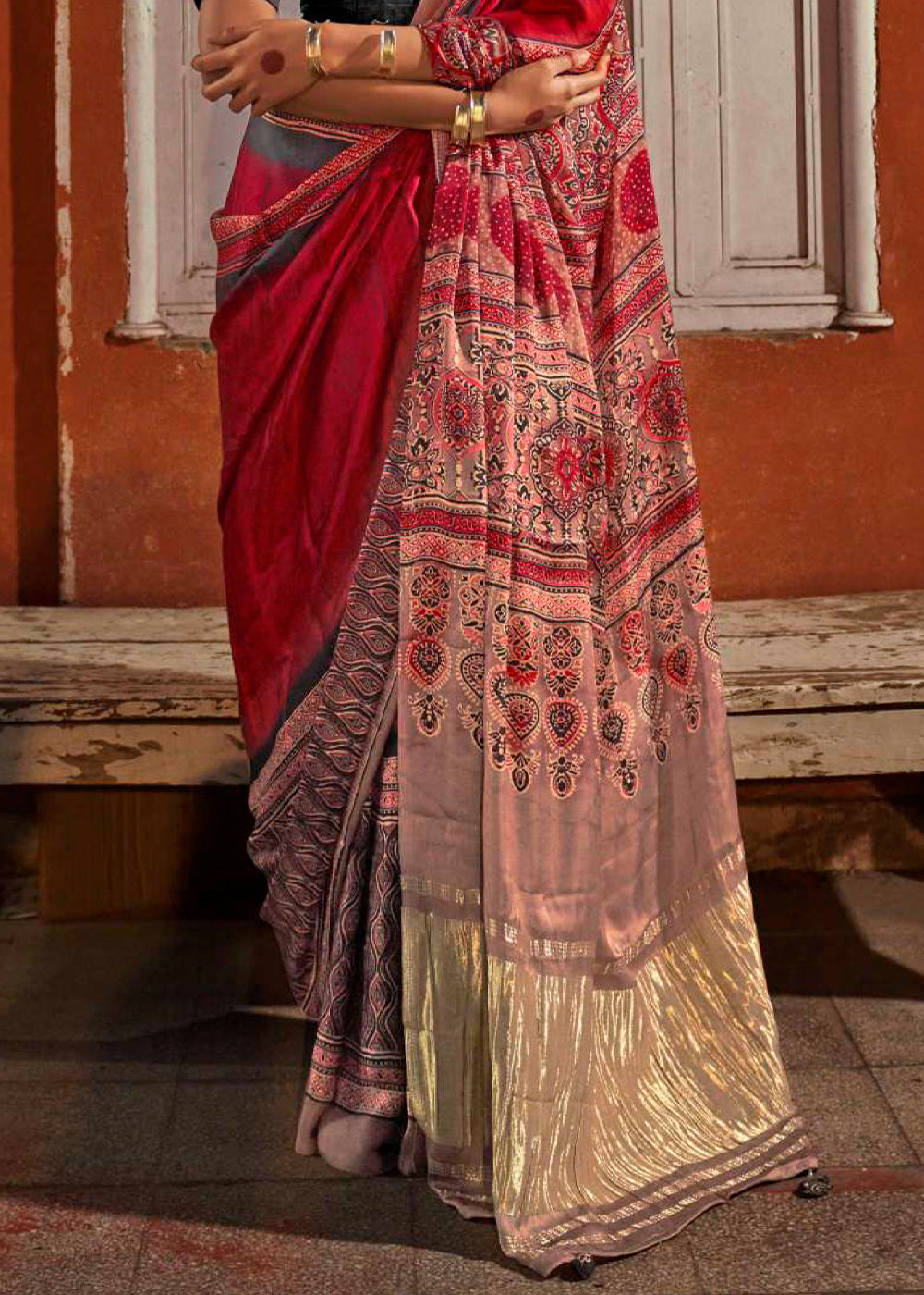 Shades Of Pink Viscose Silk Saree with Ajrakh Print and Gajji Lagdi Pallu