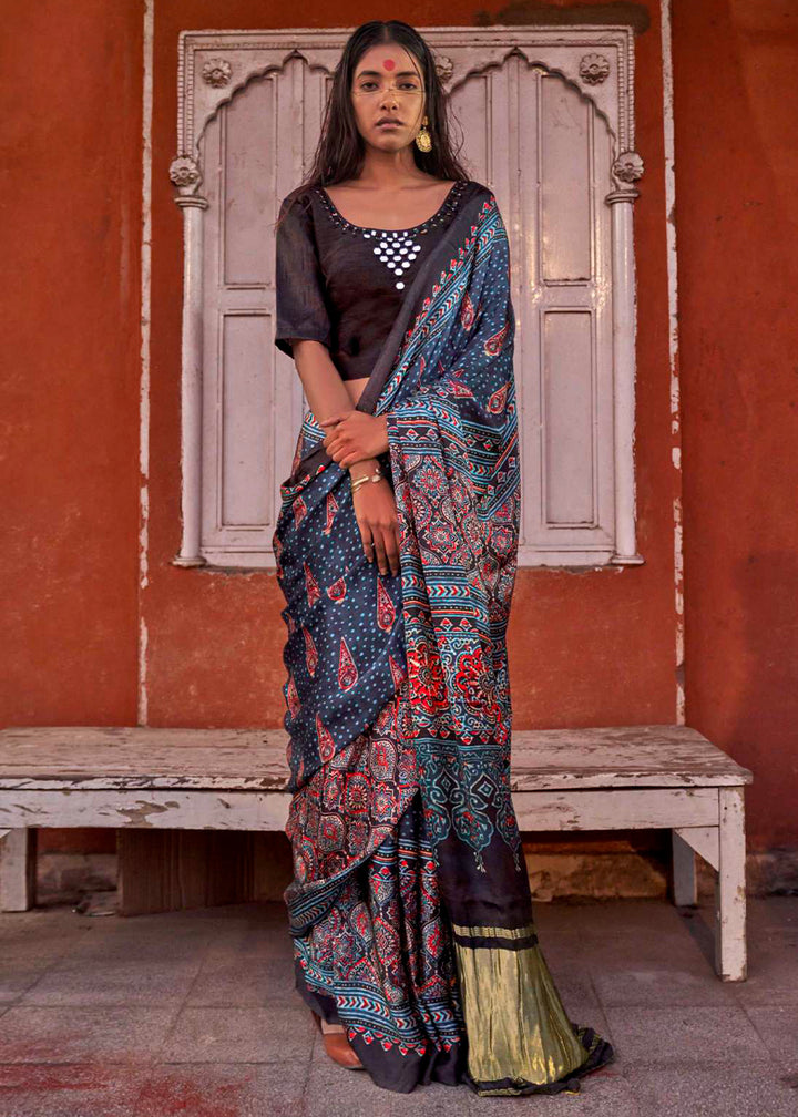 Shades Of Blue Viscose Silk Saree with Ajrakh Print and Gajji Lagdi Pallu