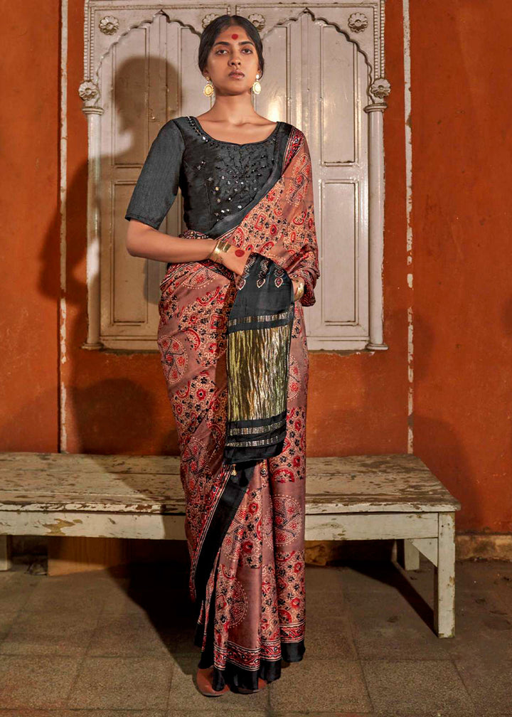 Brown & Pink Viscose Silk Saree with Ajrakh Print and Gajji Lagdi Pallu