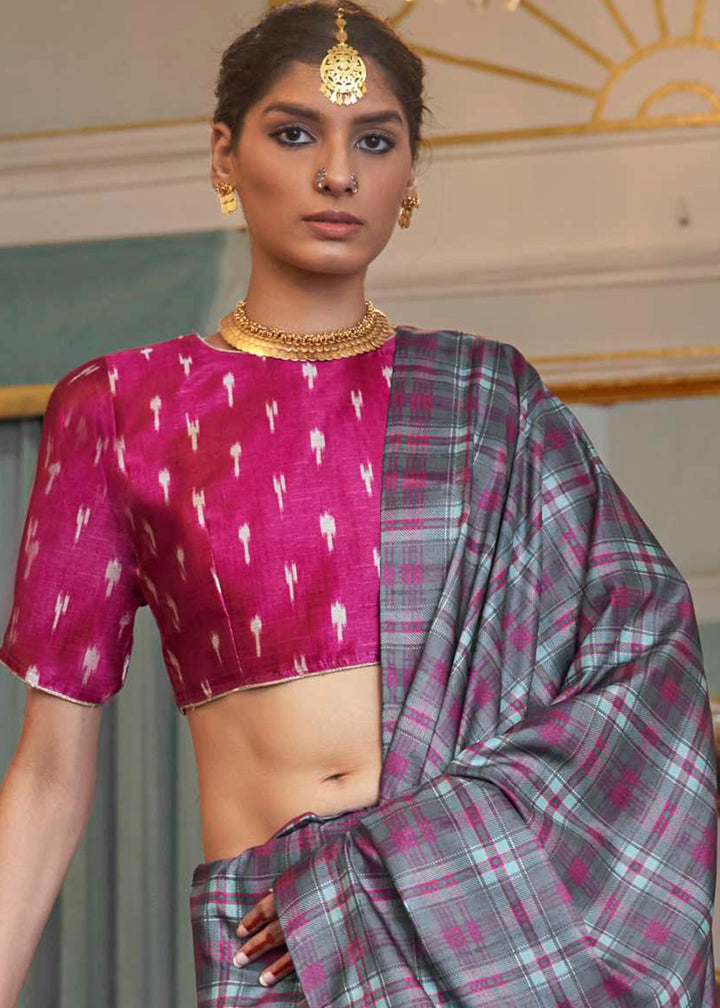 Flint Grey Silk Saree Featuring Zari Weave and Purple Printed Blouse