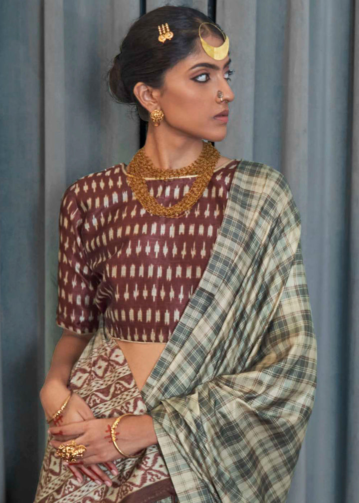 Shades Of Green Silk Saree Featuring Zari Weave and Brown Printed Blouse