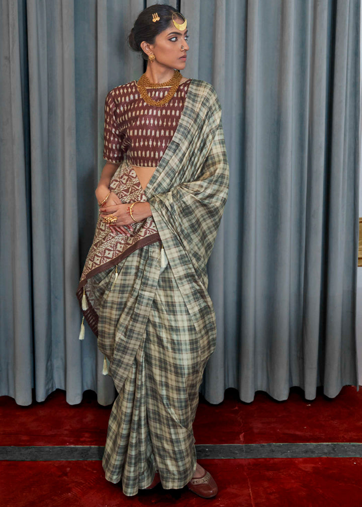 Shades Of Green Silk Saree Featuring Zari Weave and Brown Printed Blouse