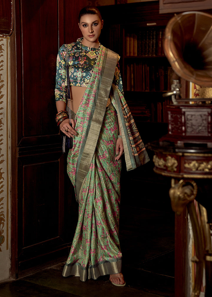 Light Green Kotha Zari Silk Saree with Digital Printed Design