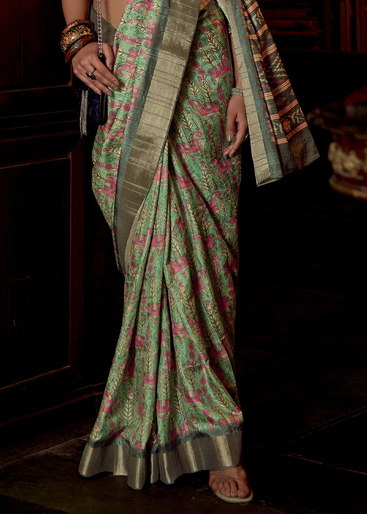 Light Green Kotha Zari Silk Saree with Digital Printed Design