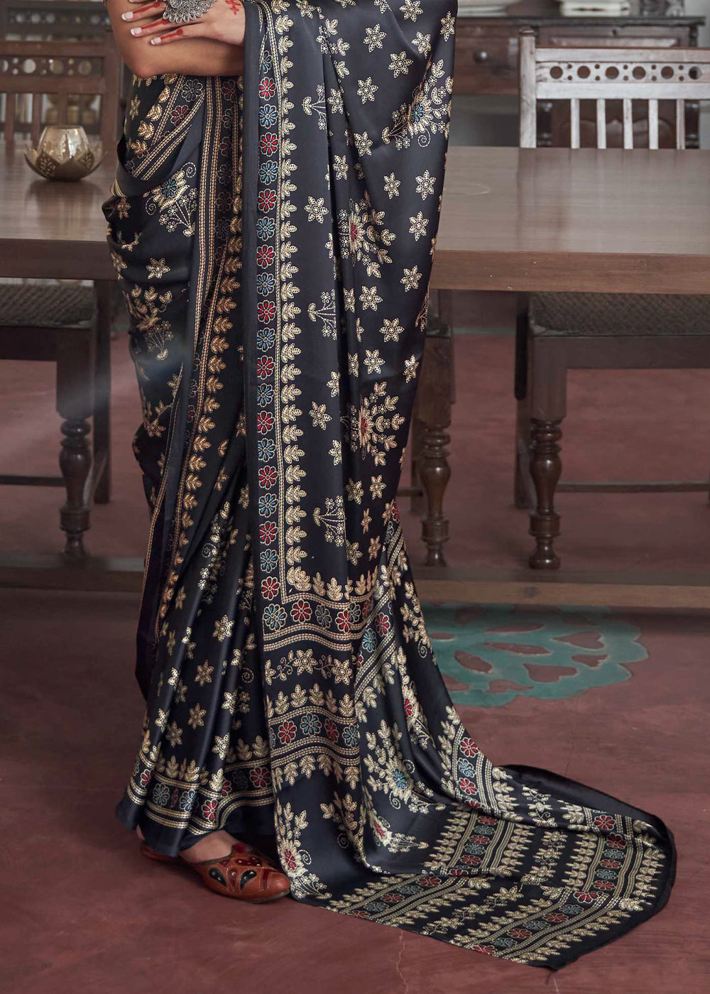 Raven Black Digital Printed Gajji Silk Saree Featuring Embroidered Blouse