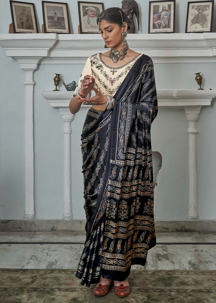 Obsidian Black Digital Printed Gajji Silk Saree Featuring Embroidered Blouse