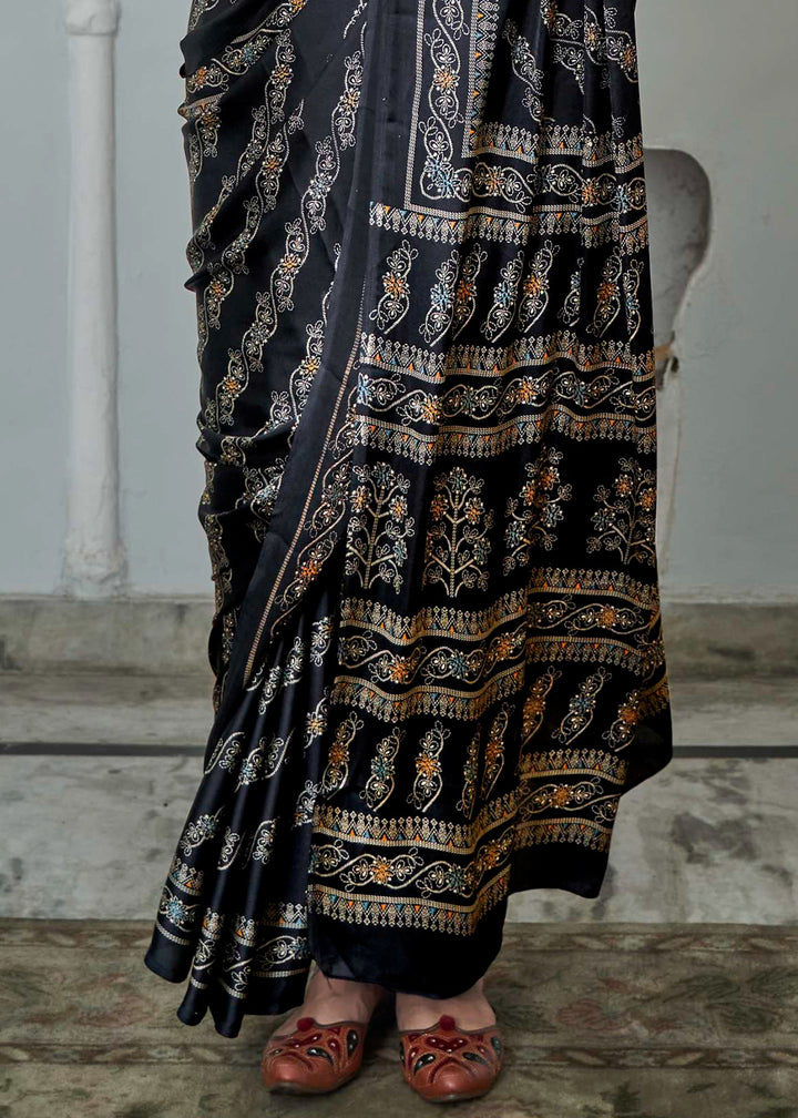 Obsidian Black Digital Printed Gajji Silk Saree Featuring Embroidered Blouse